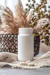 A white rectangular plastic pill bottle, placed on a table in front of an iron mesh basket filled with woven cloth and beige yarn. Product photography
