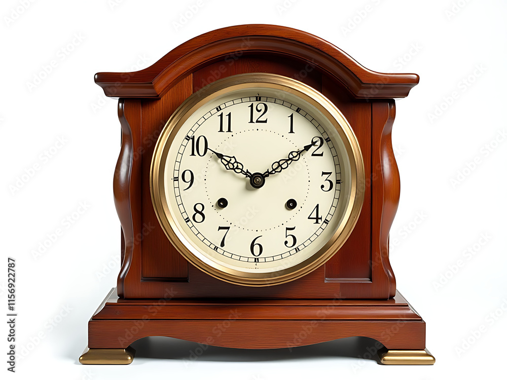 Poster vintage wooden clock isolated on a transparent white background with a classic design reminiscent of