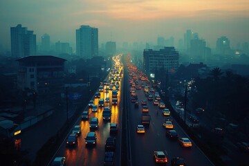 Air pollution in crowded city full of fog and smoke