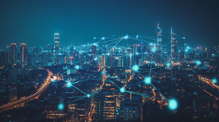 Smart digital Innovation city with connection network reciprocity over the cityscape. of future smart wireless digital city and social media networking systems that connects people with in city