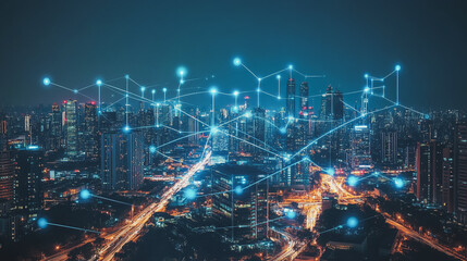 Fototapeta premium Smart digital Innovation city with connection network reciprocity over the cityscape. of future smart wireless digital city and social media networking systems that connects people with in city