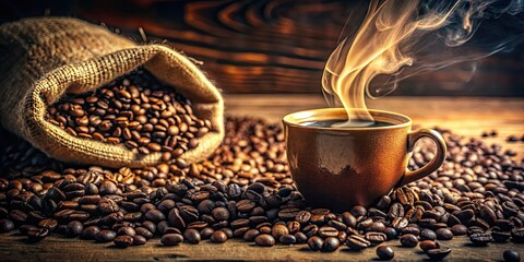 Naklejka premium Steaming cup, vintage coffee beans: a retro coffee shop still life, perfectly framed.