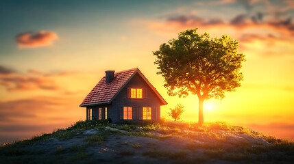 Serene Sunset: Cozy Cottage Nestled on Hilltop, Digital Painting in Warm, Dreamy Style. AI Generated