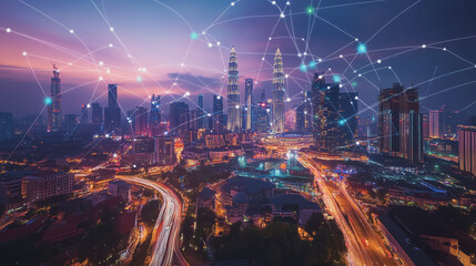 Fototapeta premium Smart digital Innovation city with connection network reciprocity over the cityscape. of future smart wireless digital city and social media networking systems that connects people with in city