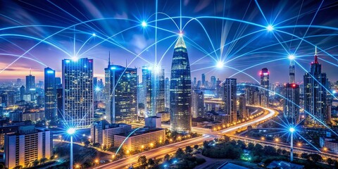 Naklejka premium Futuristic 5G Cityscape: High-Tech Wireless Network & AI Connectivity