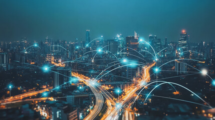 Fototapeta premium Smart digital Innovation city with connection network reciprocity over the cityscape. of future smart wireless digital city and social media networking systems that connects people with in city