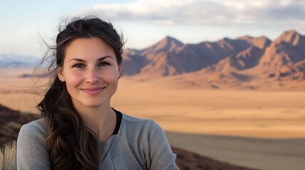 Smiling Woman Poses Calmly Against Dramatic Desert Landscape Photo. AI Generated