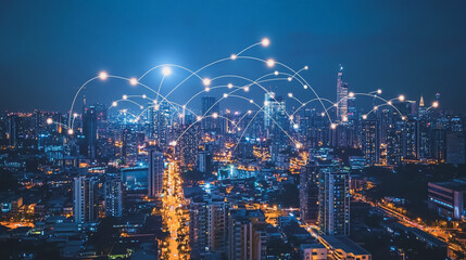 Fototapeta premium Smart digital Innovation city with connection network reciprocity over the cityscape. of future smart wireless digital city and social media networking systems that connects people with in city