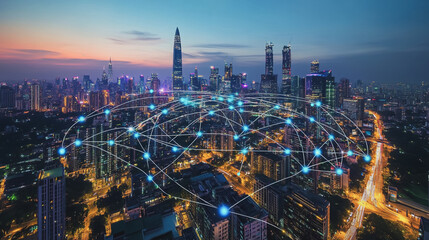 Fototapeta premium Smart digital Innovation city with connection network reciprocity over the cityscape. of future smart wireless digital city and social media networking systems that connects people with in city