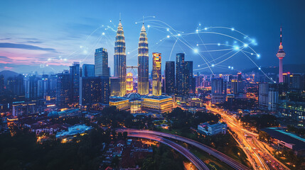 Smart digital Innovation city with connection network reciprocity over the cityscape. of future smart wireless digital city and social media networking systems that connects people with in city
