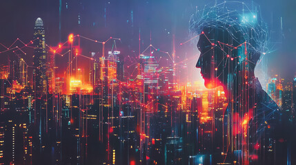 Naklejka premium Smart digital Innovation city with connection network reciprocity over the cityscape. of future smart wireless digital city and social media networking systems that connects people with in city