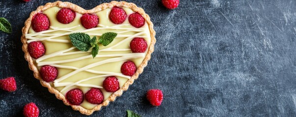 Valentine desserts concept Heart-shaped tart topped with raspberries and drizzled with white chocolate.
