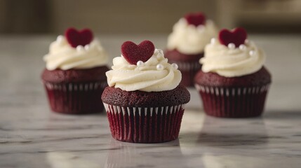 Valentine desserts concept Delicious red velvet cupcakes topped with cream cheese frosting and heart decorations.