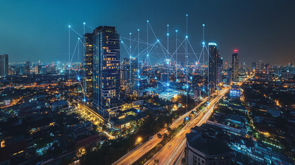 Smart digital Innovation city with connection network reciprocity over the cityscape. of future smart wireless digital city and social media networking systems that connects people with in city