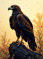 Fototapeta premium Eagle, hawk bird silhouette in bohemian, boho, nature illustration