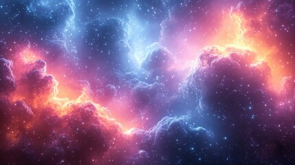Fototapeta premium Dreamlike nebula clouds blending vibrant shades of purple, blue, and orange, dotted with glowing stars and sparkles, evoking a sense of cosmic wonder and serenity. Background