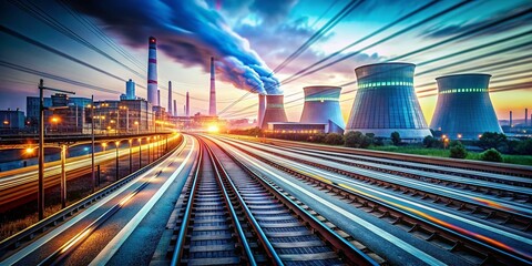Fototapeta premium Futuristic Railway & Power Plant: Tilt-Shift Digital Overlay Stock Photo