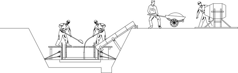 Obraz premium vector sketch illustration silhouette design of construction workers processing concrete for casting work.eps
