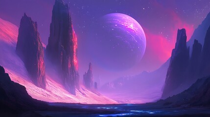 Fototapeta premium Stunning Digital Painting: Dreamlike Alien Planet Rising Over Mysterious Mountains. AI Generated