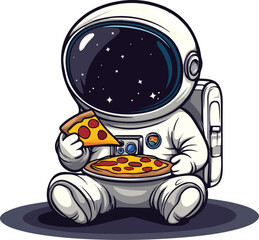 Cute Astronaut eating pizza on the planet Victor on white background