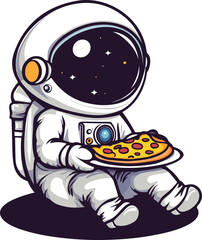 Cute Astronaut eating pizza on the planet Victor on white background