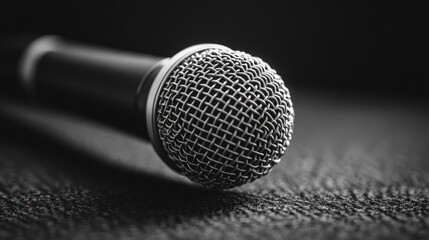 Close-up of a microphone on a dark surface.