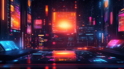 Obraz premium Futuristic server room with glowing screens.