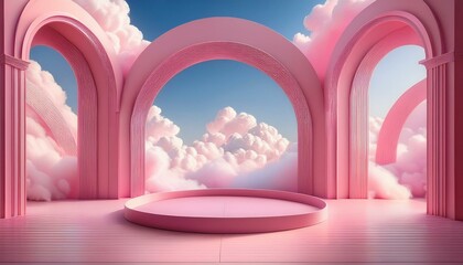 A dreamy 3D scene with pink archways, fluffy clouds, and a modern podium, perfect for beauty product placement or whimsical designs