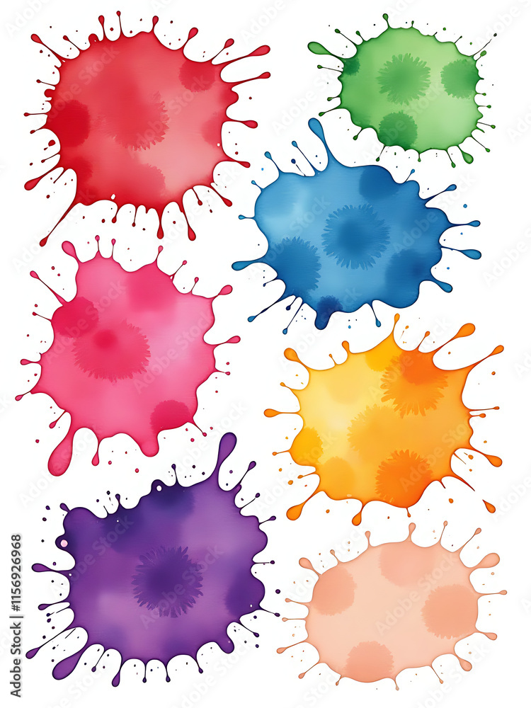 Poster Vibrant Watercolor Splashes In Various Colors Are Isolated On A Textured White Background, Created Using Artificial Intelligence. 00001