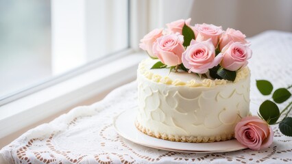 Elegant Mother’s Day cake with intricate details, pink roses, and pastel frosting on a lace tablecloth with natural light
