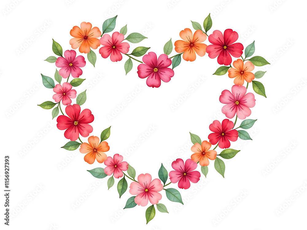 Poster vibrant watercolor flowers arranged in a heart shape on a clean white background creating a beautifu