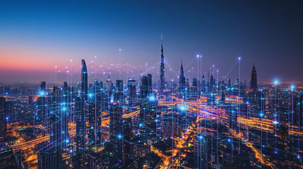 Fototapeta premium Smart digital Innovation city with connection network reciprocity over the cityscape. of future smart wireless digital city and social media networking systems that connects people with in city