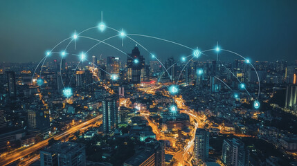 Fototapeta premium Smart digital Innovation city with connection network reciprocity over the cityscape. of future smart wireless digital city and social media networking systems that connects people with in city