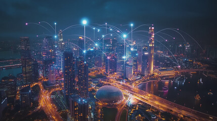 Fototapeta premium Smart digital Innovation city with connection network reciprocity over the cityscape. of future smart wireless digital city and social media networking systems that connects people with in city