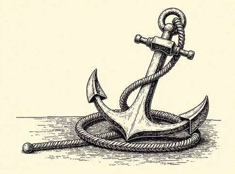 Ship sea anchor and rope in vintage engraving style. Sketch hand drawn vector illustration