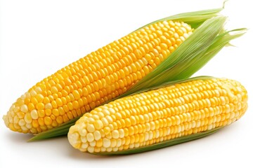 Fresh, Ripe Corn on the Cob with Green Husks Isolated on a White Background Perfect for Culinary or Harvest Themes in Food Photography