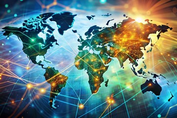 Obraz premium Global Communication Network: Double Exposure of World Map and Digital Signals