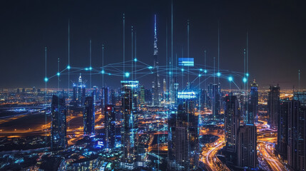 Naklejka premium Smart digital Innovation city with connection network reciprocity over the cityscape. of future smart wireless digital city and social media networking systems that connects people with in city