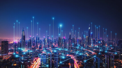 Fototapeta premium Smart digital Innovation city with connection network reciprocity over the cityscape. of future smart wireless digital city and social media networking systems that connects people with in city