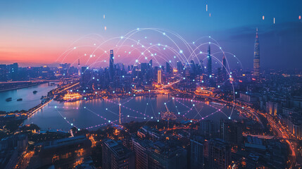 Smart digital Innovation city with connection network reciprocity over the cityscape. of future smart wireless digital city and social media networking systems that connects people with in city