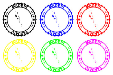 Made in Vanuatu - rubber stamp - vector, Vanuatu map pattern - black, red, blue, green, yellow, purple