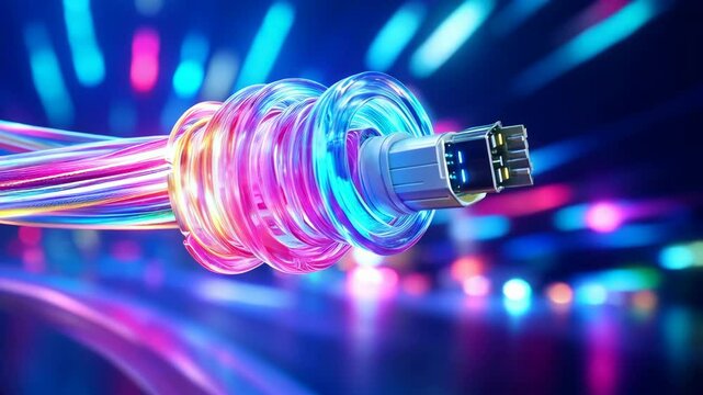 Futuristic USB Connector Wrapped in Colorful Fiber Optic Cable with Glowing Neon Lights on a Dark Background