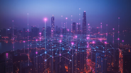 Obraz premium Smart digital Innovation city with connection network reciprocity over the cityscape. of future smart wireless digital city and social media networking systems that connects people with in city
