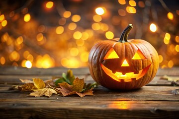 Glowing Jack-o'-Lantern on Rustic Wooden Table - Halloween Stock Photo