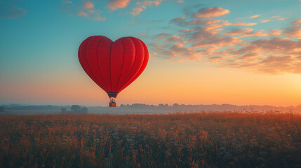 Fototapeta premium red heart color hot air balloon in sky at sunset time background , love concept