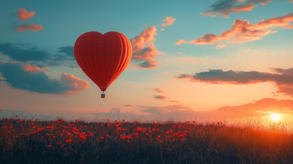 Fototapeta premium red heart color hot air balloon in sky at sunset time background , love concept