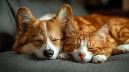 Obraz premium Cat and dog sleeping together. Kitten and puppy taking nap. Home pets. Animal care. Love and friendship.