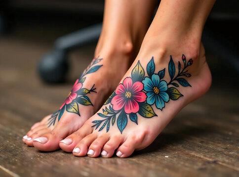 A woman's feet are decorated with a colorful floral tattoo. The flowers are arranged in a wavy pattern, and the colors are bright and vibrant. The tattoo gives the impression of a lively, energetic