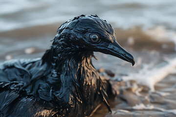 Oil-covered bird on a beach