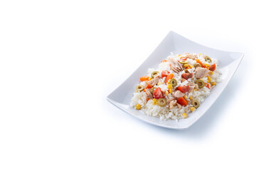 Rice salad with tomato, corn,olives and tuna isolated on white background. Copy space